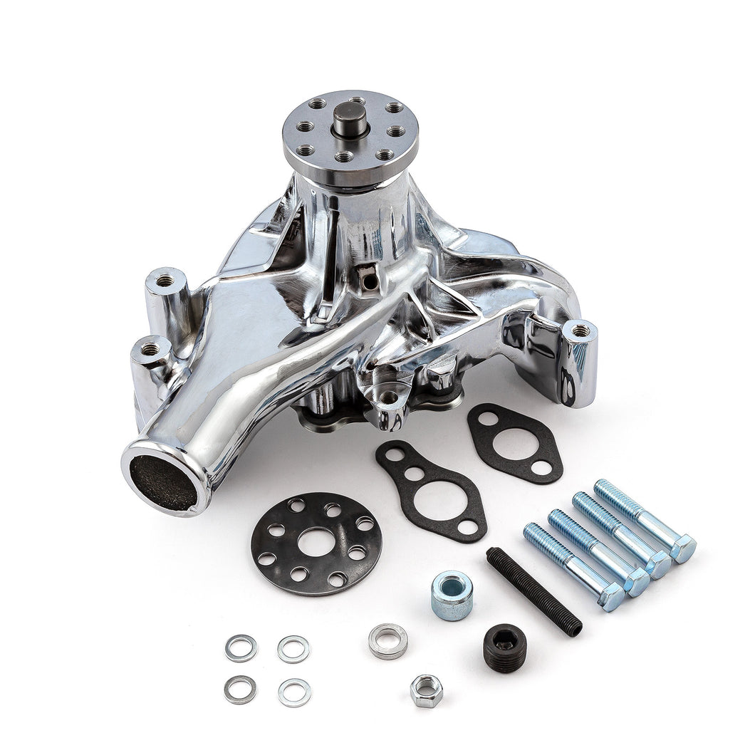 Chevy SBC 350 Late High Volume Aluminum Long Reverse Rotation Water Pump Chrome