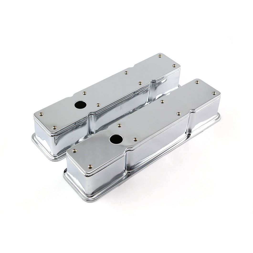 Chevy SBC 350 Chrome Steel Valve Covers - Tall w/ Hole & Removable Top