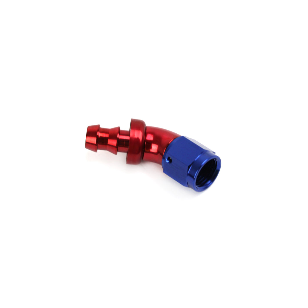 Push Lock Hose End Fitting 45 Degree -6 AN Red/Blue Anodized Aluminum