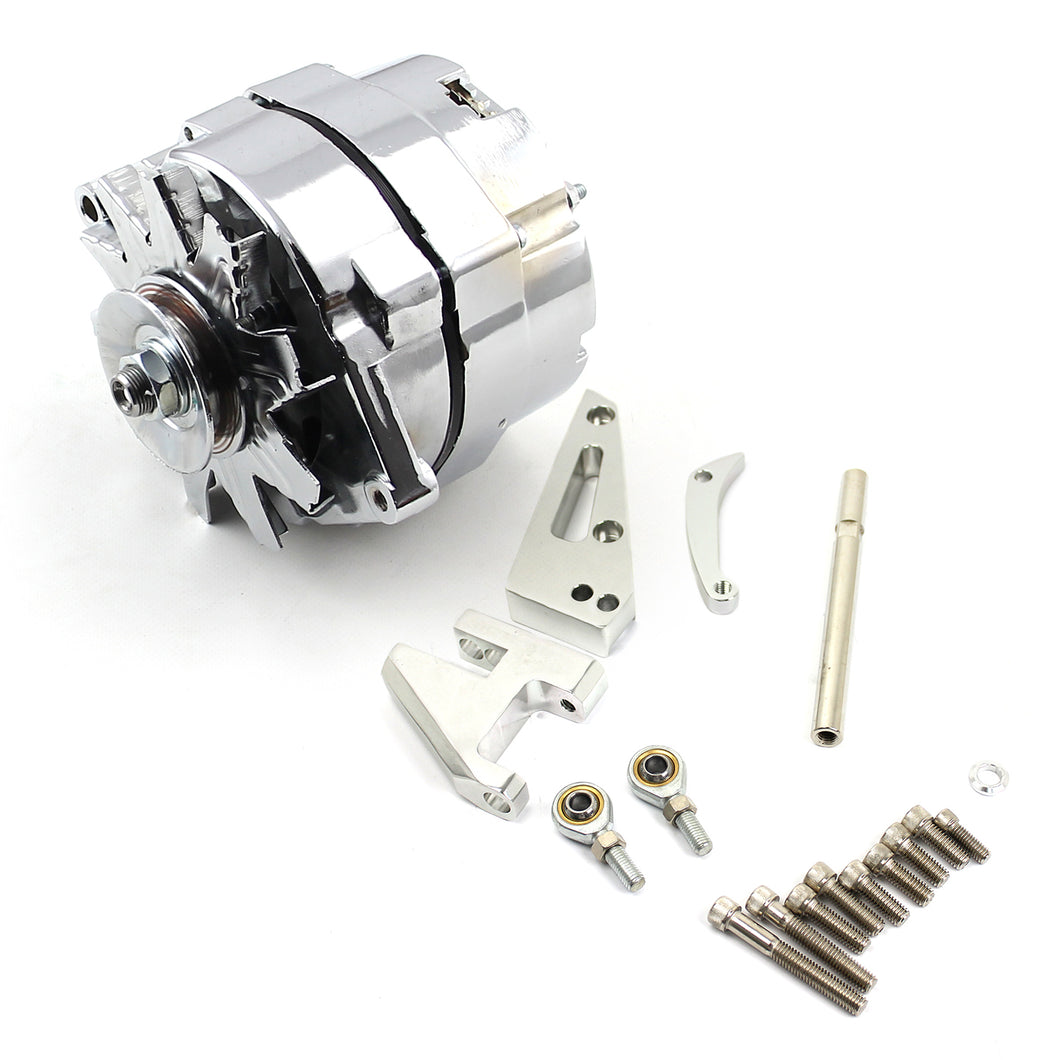 Chevy SBC 350 100 Amp 1 Wire Alternator & SWP Aluminum Bracket Kit Polished