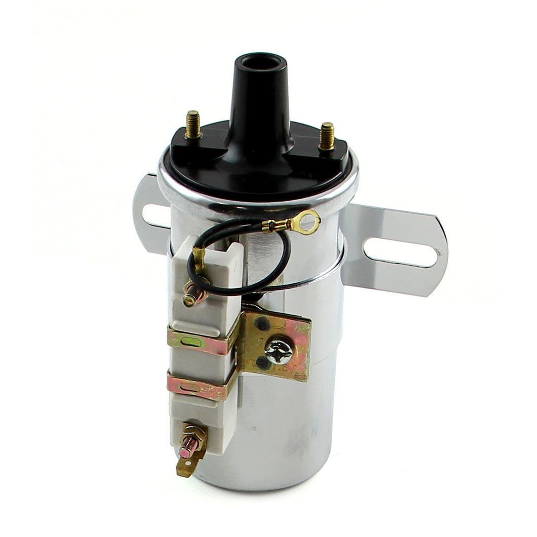 12V 60K Electronic Round Oil Filled Female Round Canister Ignition Coil Chrome