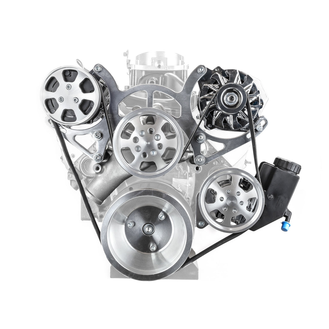 Chevy SBC 350 Aluminum Complete Serpentine Belt Drive System Kit w/reservoir - Polished