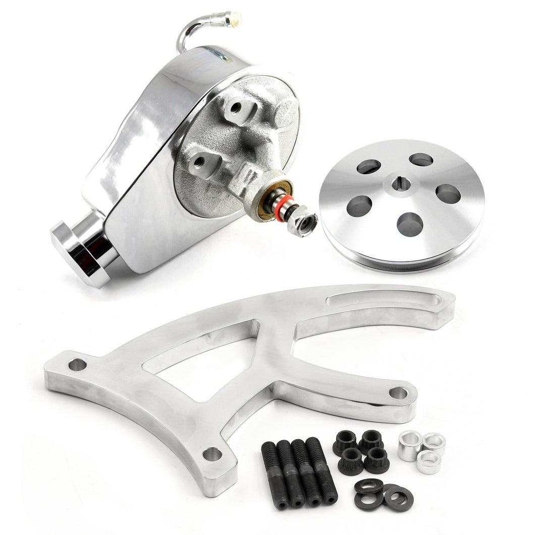 Ford 302 351C Cleveland Power Steering Pump, Billet Bracket & Pulley Kit